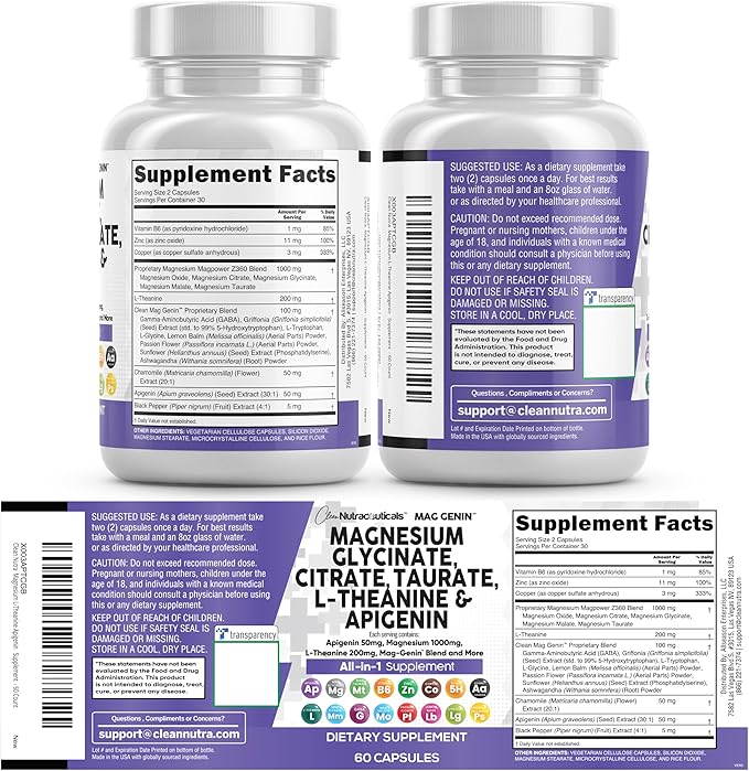 Clean Nutraceuticals Magnesium Glycinate Complex 1000mg with L-Theanine 200mg Apigenin 50mg Citrate Taurate Supplement (60 Count (Pack of 2))