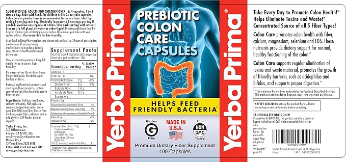 Yerba Prima Prebiotic Colon Care Capsules, 400 Caps - Five Forms of Fiber Plus FOS Pre-biotics - Dietary Health Supplement - Healthy Soluble & Insoluble Fibers for Regularity & Digestive Support