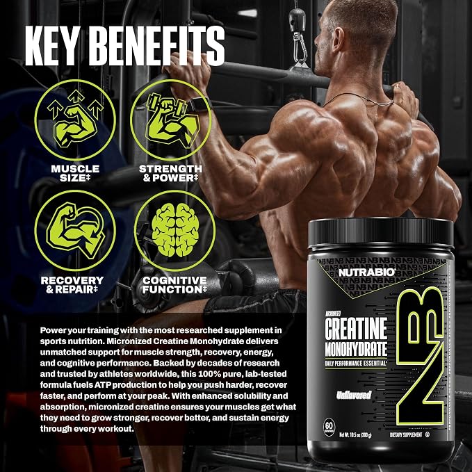 NutraBio Pure Micronized Creatine Monohydrate Powder Supplement, Unflavored, (300 g) - Supports Bulk Muscle Energy, Recovery, and Strength - HPLC Tested Creatine Powder Supplement for Men and Women