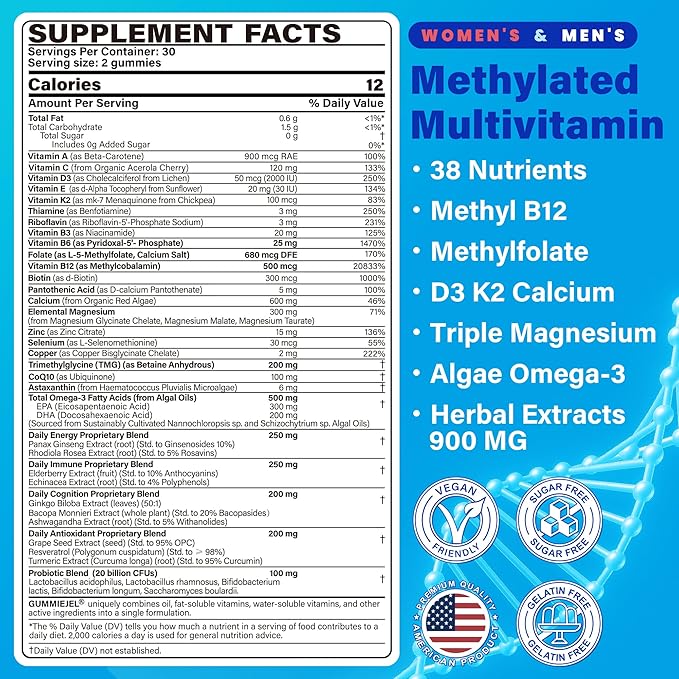 Methylated Multivitamin for Women & Men Gummies w/ Omega-3, Calcium, D3 K2, Methylfolate & B12, TMG, Daily Vitamin A, C, E, B Complex, Magnesium, CoQ10, Probiotic for Overall Health- Vegan, 2 Pack