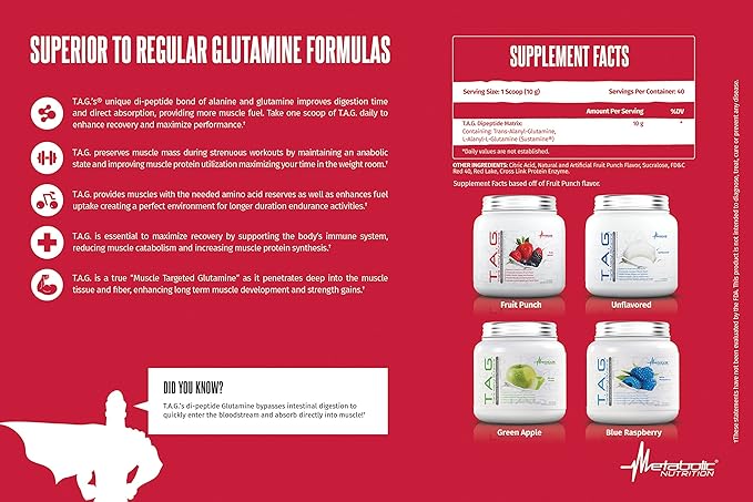Metabolic Nutrition, TAG, Trans Alanyl Glutamine, 100% L-Glutamine Peptide Powder, Pre Intra Post Workout Supplement, 400 Grams (40 Servings) (Green Apple)