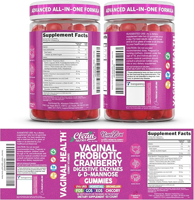 Clean Nutra Vaginal Probiotic Gummies for Women Cranberry Digestive Enzymes D Mannose Womens Probiotic Dmannose Horsetail Bromelain Chicory Fiber Feminine Care Prebiotics Inulin Papaya Enzyme Gummy