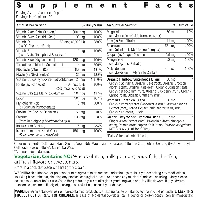 Rainbow Light Womens Multivitamin One + | 30 Caplets | Real Food Nutrients, Digestive Enzymes & Probiotics