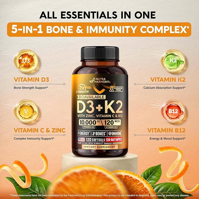 Vitamin D3 K2 - Vitamin D3 10000 iu & K2 120 mcg - Immune & Mood Support, for Bone & Teeth Health - with Zinc, Vitamin C & B12 - Highly Bioavailable - For Men & Women - Made in USA, 120 Softgels