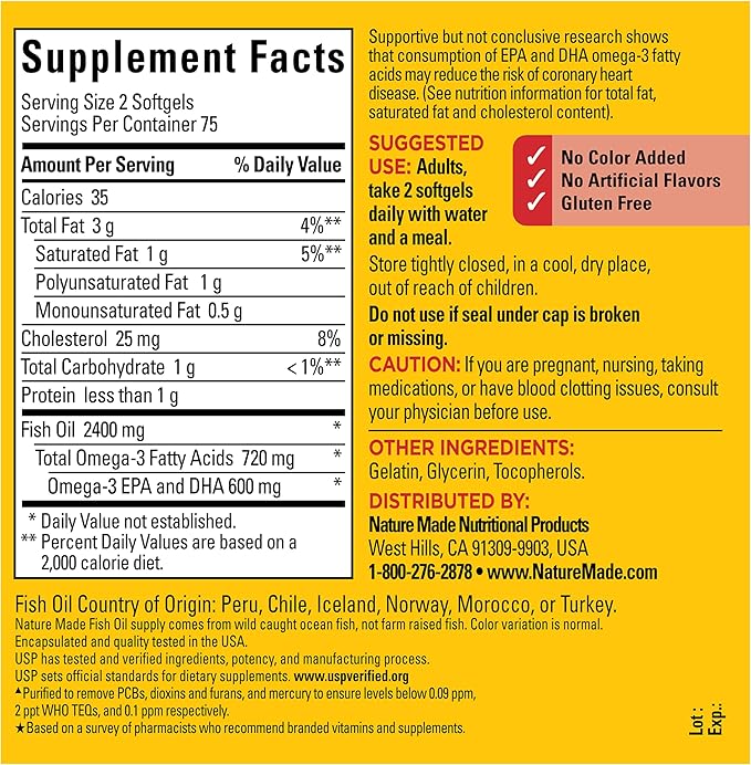 Nature Made Fish Oil Omega 3 Supplements, 1200 mg Softgels, Omega 3 Fish Oil for Healthy Heart Support, 150 Softgels, 75 Day Supply