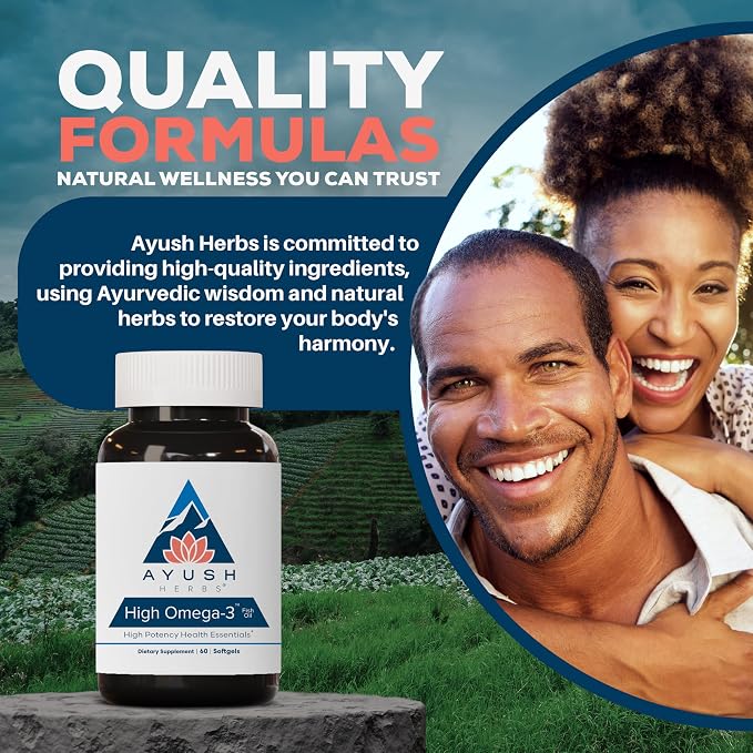 Ayush Herbs High Omega 3 - Omega 3 Fish Oil, 1000mg Per Capsule, EPA & DHA Fish Oil Supplement for Women & Men, Natural Lemon Flavor - 60 Softgel Capsules (1 Count)