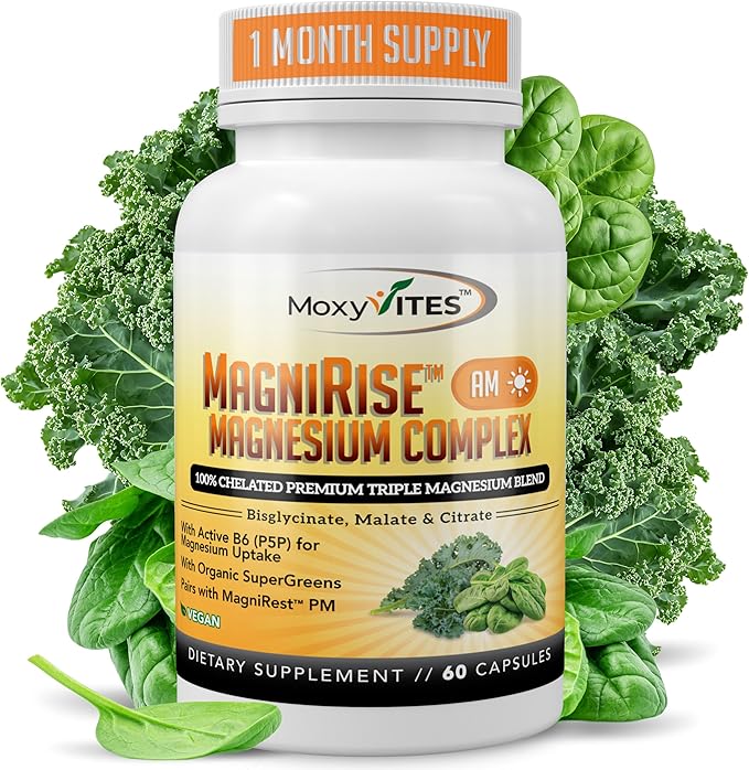 MoxyVites MagniRise™ AM– Magnesium Complex for Women & Men - 200mg Magnesium Bisglycinate, Malate, Citrate, B6, Organic SuperGreens – Chelated, High Absorption – Pairs with MagniRest™ PM – 60 Capsules