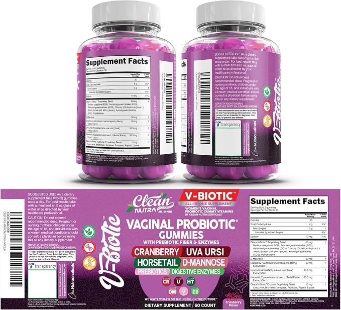 Clean Nutra Vbiotic Gummies, Cranberry, Horsetail, D-Mannose, UVA-Ursi, Probiotic Blend, Enzyme Blend, 60 Count (2)