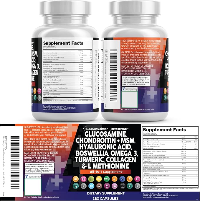 Clean Nutraceuticals Glucosamine Chondroitin MSM 1500mg with Turmeric Curcumin, Collagen, Hyaluronic Acid, Omega 3 – Joint Health Supplement for Men & Women (120 Count (Pack of 2))