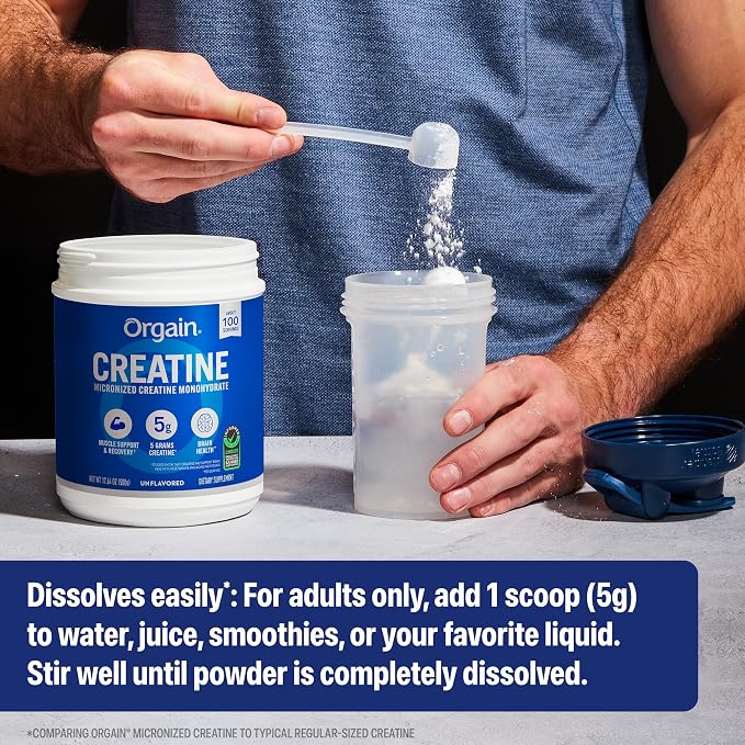 Orgain Creatine Monohydrate Micronized Powder, 100 Servings, Unflavored, Supports Muscle Growth, Post Workout Recovery and Brain Health, No Artificial Additives, for Men & Women (Packaging May Vary)