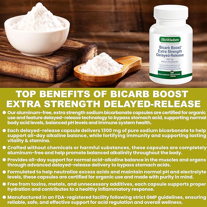 Bicarb Boost Sodium Bicarbonate Capsules Extra Strength 1300mg Organic Use Delayed-Release Sodium Bicarbonate Tablet, Kidney, Alkalinity, Health, Pure Baking Soda Tablet 120 Sodium Pills
