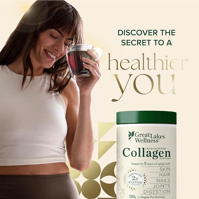 Great Lakes Wellness Collagen Peptides Powder – Supports Skin, Hair, Nails, Joints & Digestion – Hydrolyzed, Quick Dissolve, Non-GMO, Keto & Kosher – Unflavored, Pure Collagen Protein (20 Servings)
