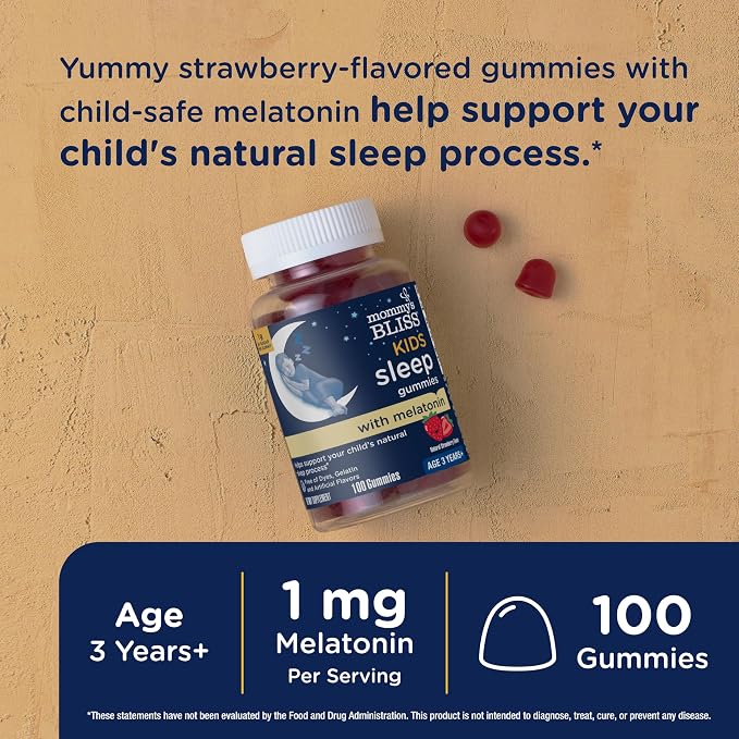 Mommy's Bliss Kids Sleep Melatonin Gummies, Non Habit-Forming with No Artificial Colors, Flavors or Gelatin - Age 3 Years+ - Strawberry Flavor - 100 Sleep Gummies