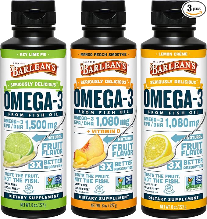 Barlean's Omega 3 Fish Oil Liquid Supplement for Men and Women, 1500mg of EPA and DHA Fatty Acid, Promotes Brain & Heart Health - Non-GMO, Variety Pack, 8 oz