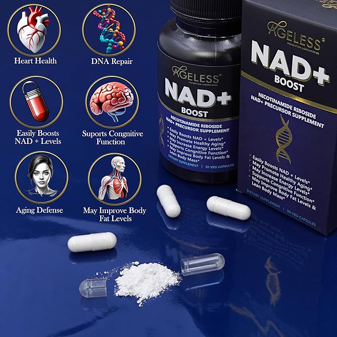 Ageless NAD+ Supplements for Women & Men | 300mg Nicotinamide Riboside Chloride | Dietary Supplement for Anti-Aging | Supports Energy, Focus, Stamina, Fat Metabolism & Cognitive Function – 30 Capsules