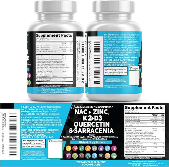 Clean Nutraceuticals NAC Supplement N-Acetyl Cysteine Vitamin D3 K2 Zinc Quercetin Sarracenia Purpurea with Elderberry Holy Basil Bee Propolis Bromelain L-Lysine (2)