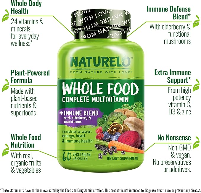 NATURELO Whole Food Multivitamin + Immune Blend with Elderberry & Mushrooms - Complete Multivitamin with Extra Immune Support - C, D3, Zinc, Elderberry, Reishi, Shitake - 60 Vegan Capsules