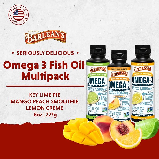 Barlean's Omega 3 Fish Oil Liquid Supplement for Men and Women, 1500mg of EPA and DHA Fatty Acid, Promotes Brain & Heart Health - Non-GMO, Variety Pack, 8 oz