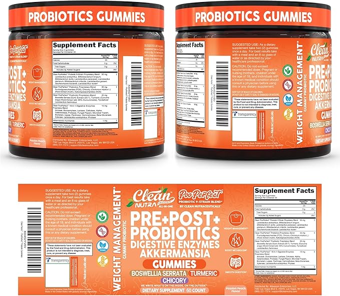 Clean Nutra Prebiotic Postbiotic Digestive Enzymes Gummies with Chicory Root, Boswellia Serrata, Turmeric, and Akkermansia | Pre+Post Probiotics Supplement | 60 Count Gummy | PooPerfect