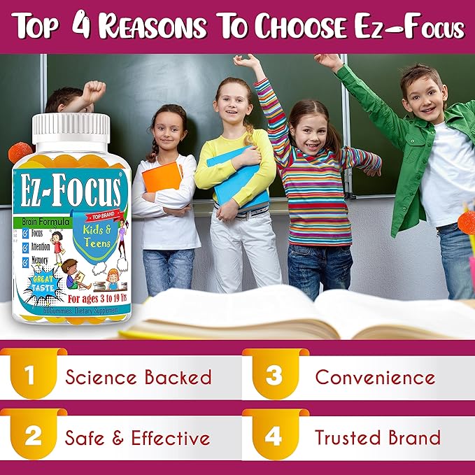Ez-Focus Gummies for Kids, Teens and Youth – Brain Focus, Memory & Attention Support, DHA & Omega-3 for Kids, Concentration and Focus Supplement, Calm and Study Brain Vitamins 60 ct