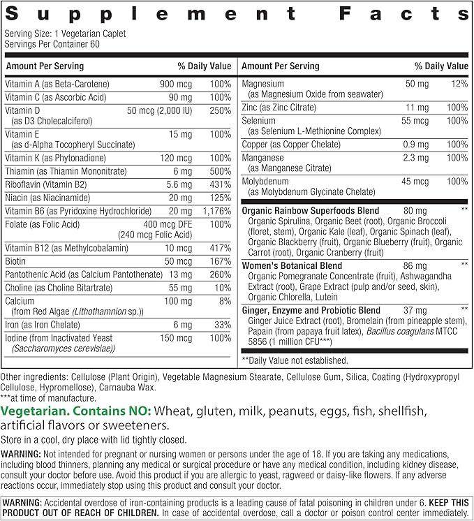 Rainbow Light Womens Multivitamin One + | 60 Caplets | Supports Energy & Antioxidant Health | Real Food Nutrients, Digestive Enzymes & Probiotics