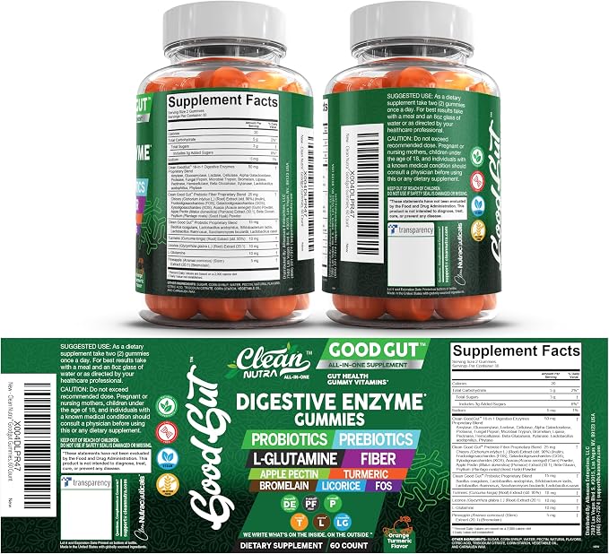 Clean Nutraceuticals Digestive Enzymes with Probiotics & Prebiotics for Digestive Health Gummies & L-Glutamine for Gut Health Bromelain Apple Pectin Inulin FOS Plant Based Vegan Gummy Vitamins