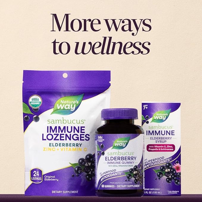 Nature’s Way Sambucus Elderberry Gummies, Immune Support Gummy for Adults & Kids Ages 4+ with Black Elderberry Extract, Vitamin C, Vitamin D3, and Zinc*, 60 Gummies