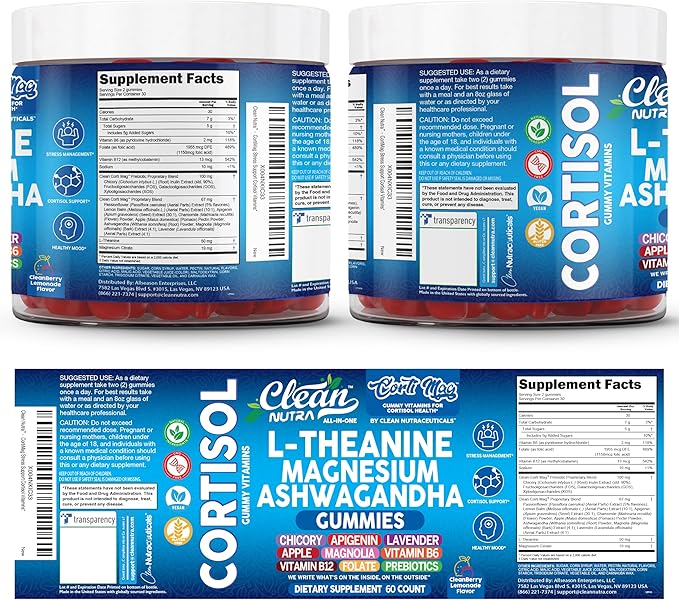 Clean Nutra Cortisol Supplement Gummies L-Theanine Magnesium Ashwagandha Apigenin Vitamin B6 Sleep and Calm Support Lavender Chicory Prebiotic Advanced Gummy Formula