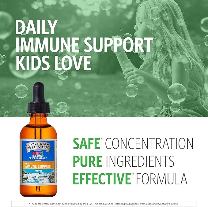 Sovereign Silver Kids Immune Support - Colloidal Silver, Bio-Active Silver Hydrosol, 10 ppm, Liquid Dropper, 2 Fl Oz, (59 mL)