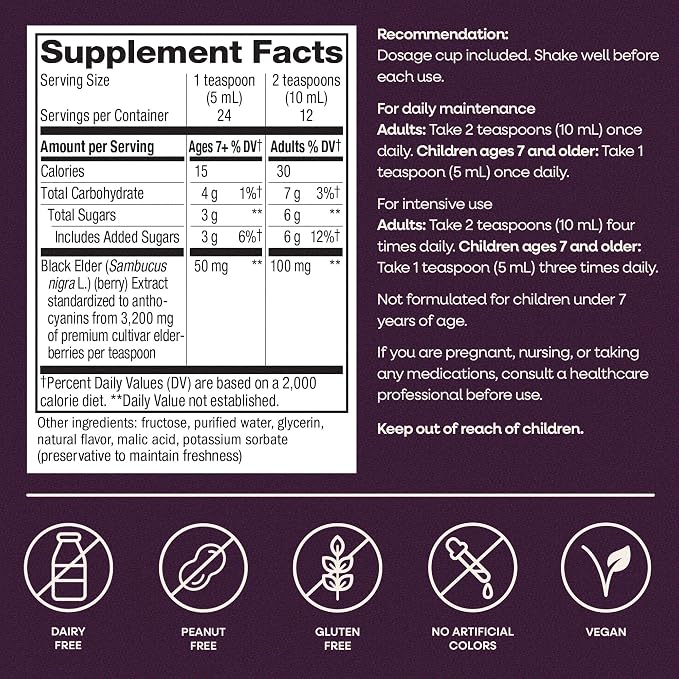 Nature’s Way Sambucus Traditional Elderberry Syrup for Traditional Immune Support* with Highly Concentrated Black Elderberry Extract & Superfood Antioxidants, Adults & Kids 7+, Berry Flavored, 4 Fl Oz