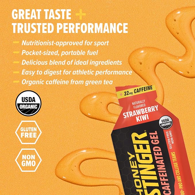 Honey Stinger Strawberry Kiwi Energy Gel, Caffeinated & Gluten Free with Organic Honey, for Exercise, Running and Performance, Sports Nutrition for Home & Gym, Pre and Mid Workout, 24 Pack | sports-nutrition-endurance-and-energy-chews