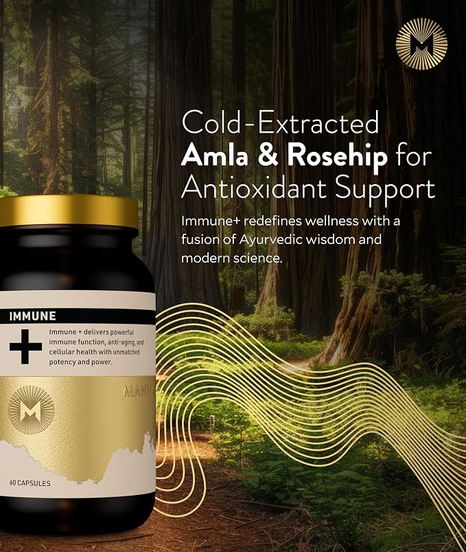 Manna Immune+ Capsules | 500mg Amla Extract & 500mg Rosehip Extract | Vitamin C Supplement for Immune Boost, Antioxidants, Heart Health, Digestion & Immune System Support | For Daily Use | 60 Count