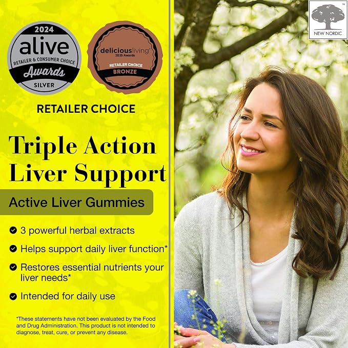 New Nordic Active Liver Gummies, Milk Thistle, Artichoke & Turmeric Supplement, Natural Peach & Mango Flavor, Sugar Free & Vegan, 60 Count (Pack of 3)