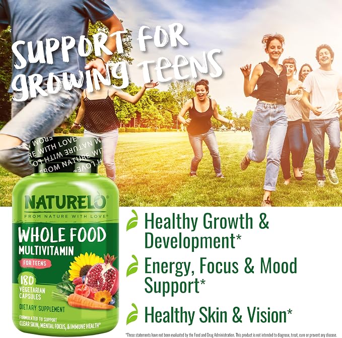 NATURELO Multivitamins for Teenage Girls/Boys, 180 Capsules, Whole Food Multivitamin with Minerals, Non-GMO, Vegetarian