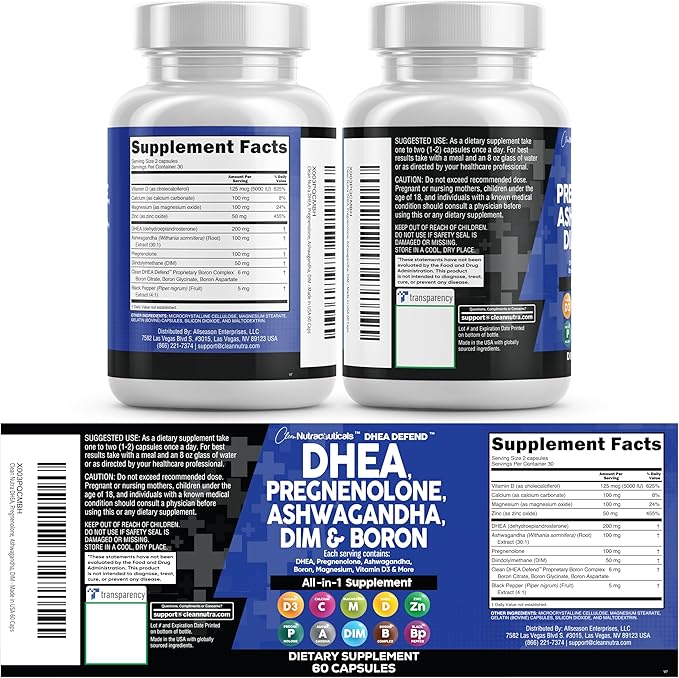 DHEA 200mg Supplement Pregnenolone 100mg for Men & Women with DIM Ashwagandha Boron 6mg Complex Calcium Magnesium Zinc 50mg Vitamin D3 5000 IU Hormone Support Capsules Pills Made in USA 60 Count