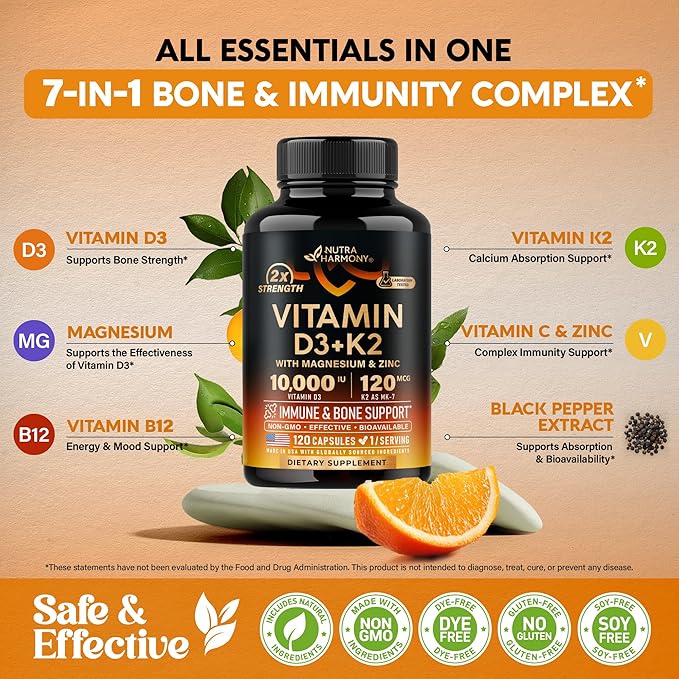Vitamin D3 K2 - Vitamin D3 10000 iu & K2 as MK-7 120 mcg - Immune & Mood Support, for Bone & Teeth Health - with Magnesium, Zinc & Vitamin C & B12 - Highly Bioavailable - Made in USA, 120 Capsules