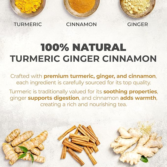 LeafLea Turmeric Tea with Ginger and Cinnamon, 80 Premium Turmeric Ginger Tea Bags, 100% Natural Ingredients Herbal Tea, Vegan, No Sugar, Caffeine-Free, Each Tea Bag Sealed for Fresh Flavor