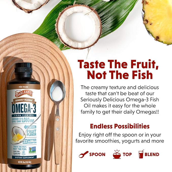 Barlean's Omega 3 Fish Oil Liquid Supplement for Men and Women, 1080mg of EPA and DHA Fatty Acid, Promotes Brain & Heart Health - Non-GMO, Pina Colada, 16 oz