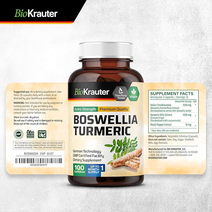 BIO KRAUTER® Turmeric Curcumin Supplement with Boswellia for Joint Support - Vegan Turmeric with Black Pepper & Boswellia Extract 100 Capsules, 33 Days of Supply, Non-GMO - Natural Digestive Support