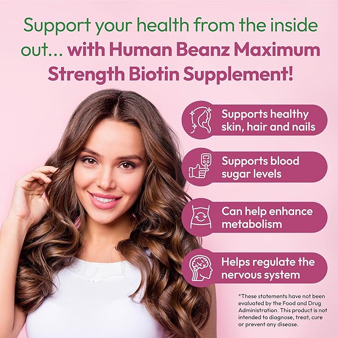 Human Beanz Biotin Jelly Bean Gummy Vitamins, Max Strength Biotin for Hair, Skin and Nails, 10,000mcg per Serving, Hair Growth Vitamins for Men and Women, 120 Strawberry Blast Jelly Beans, Kosher