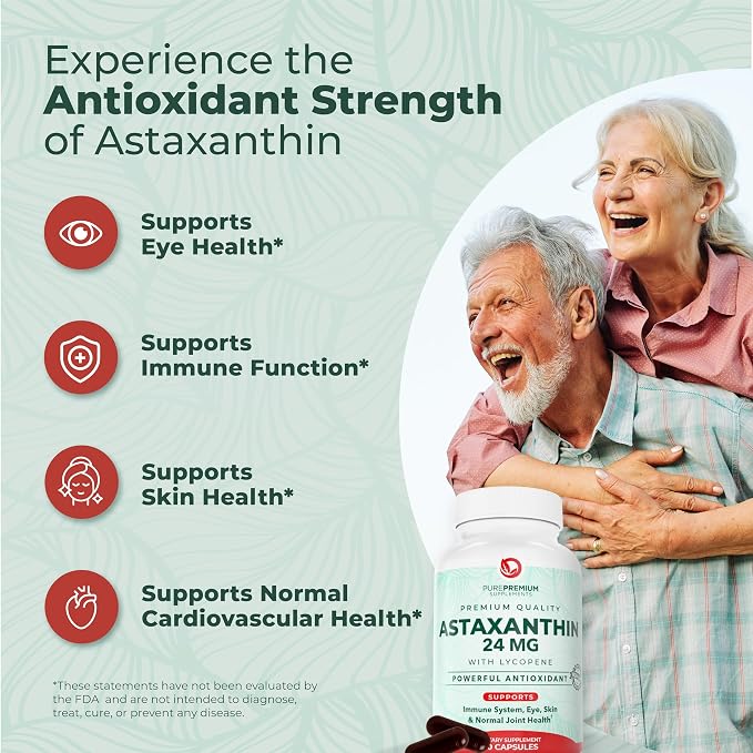 PurePremium Astaxanthin Supplements - Astaxanthin 24mg with Lycopene 50mg Antioxidants Supplement for Skin & Eye Health, & Immune System Support – Non-GMO - 60 Count, 2 Month Supply