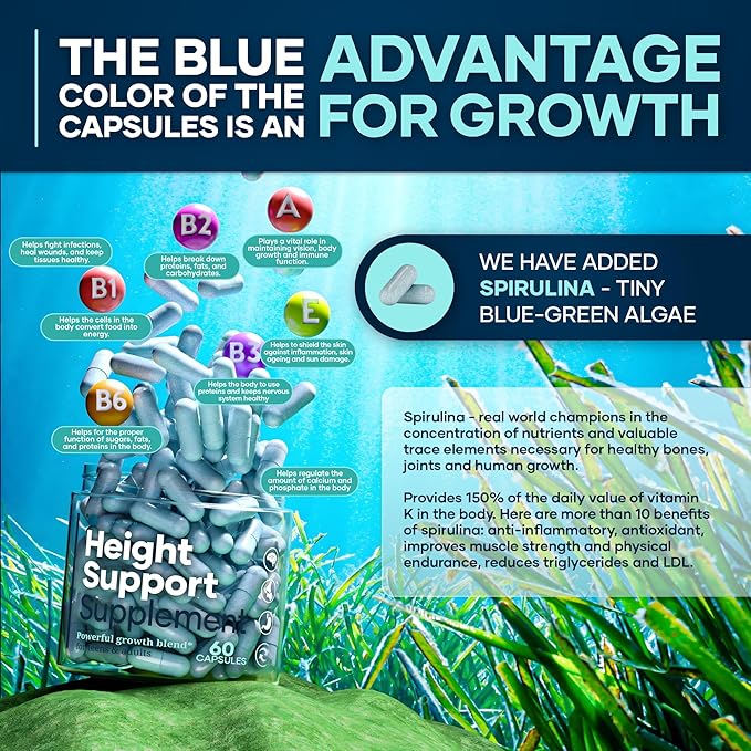 Height & Bone Support Supplement - Premium Height Growth Supplement for Kids & Teens with Calcium - Nutritional Support Bone Health Formula - Height Increase Essential Vitamins - 60 Caps