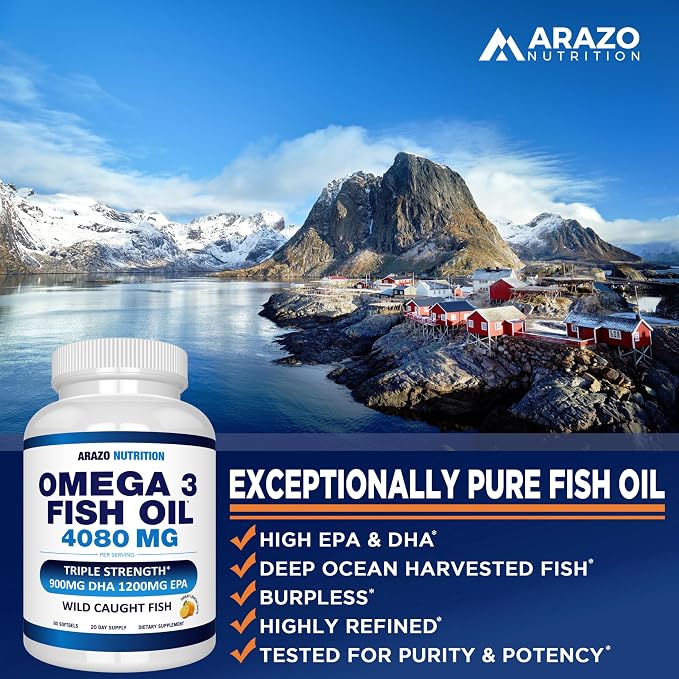 Arazo Nutrition Wild Caught Omega-3 Fish Oil Concentrate – 4,080mg per Serving – High EPA 1200mg & DHA 900mg – 60 Burpless Lemon Softgels