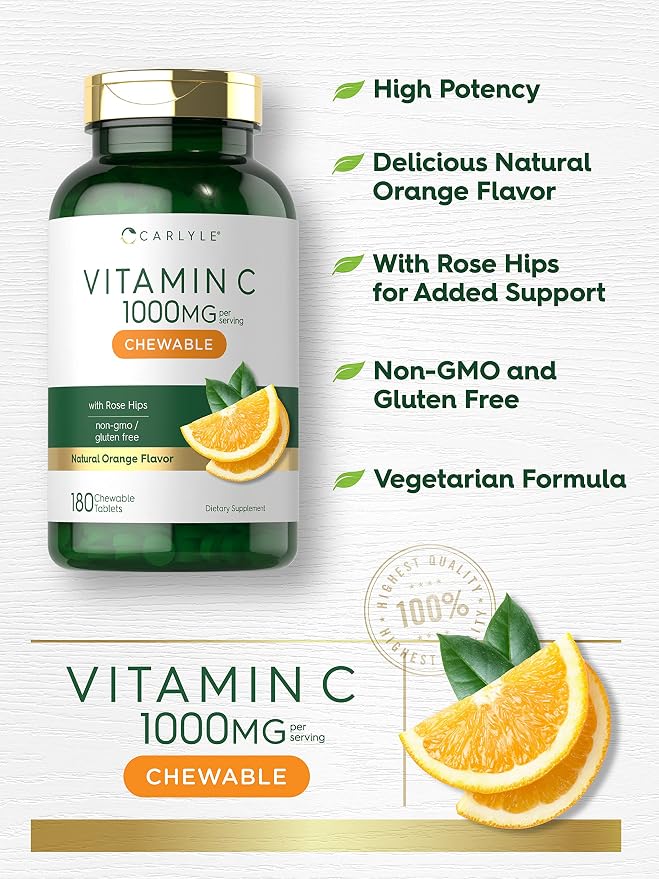 Carlyle Vitamin C Chewables | 1000mg | 180 Tablets | Vegetarian, Non-GMO, Gluten Free Supplement