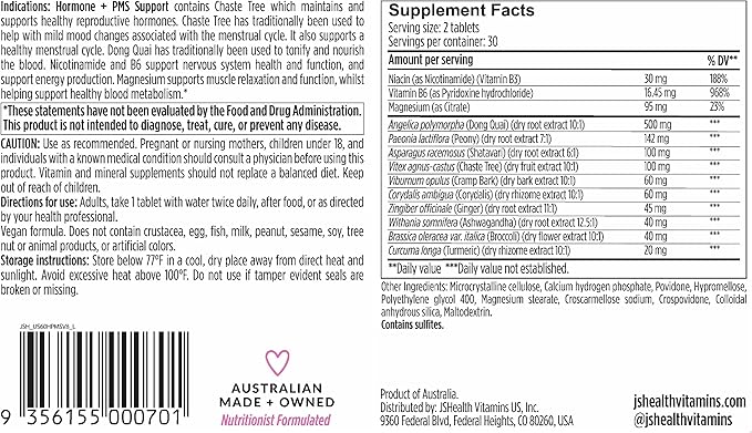 JSHealth Hormone Balance for Women. PMS Support with Vitamins B3, B6, Magnesium. Premenstrual Tension Relief. Nutritionist-Formulated, Vegan (60 Tablets)