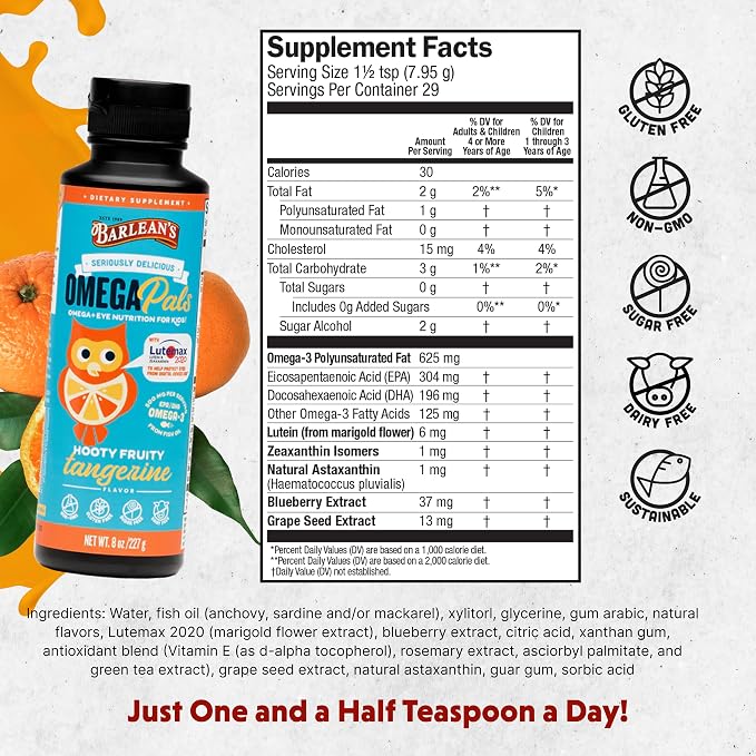 Barlean's Omega Pals Eye Health Liquid, Tangerine Flavored Omega 3 for Kids, Fish Oil Supplement with 500 mg of EPA & DHA Plus Lutein & Zeaxanthin Vitamins for Blue Light Support, 8 oz
