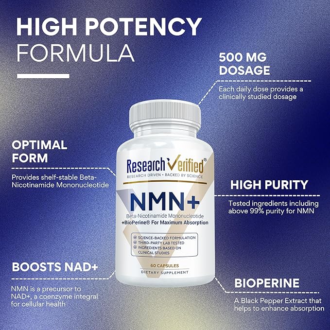Research Verified NMN - Boost Cellular Energy, Support Healthy Aging & Vitality - 500mg Pure NMN - 60 Capsules - 1 Bottle