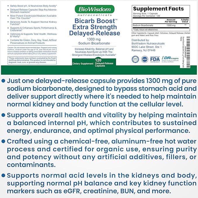 Bicarb Boost Sodium Bicarbonate Capsules Extra Strength 1300mg Organic Use Delayed-Release Sodium Bicarbonate Tablet, Kidney, Alkalinity, Health, Pure Baking Soda Tablet 120 Sodium Pills