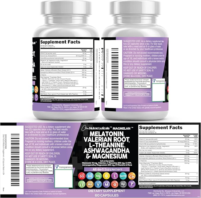 Clean Nutraceuticals Melatonin 10mg Valerian Root L Theanine 200mg Ashwagandha - Sleep Support for Women & Men with Magnesium Complex, Lemon Balm, Chamomile, & Passion Flower - 60 Caps