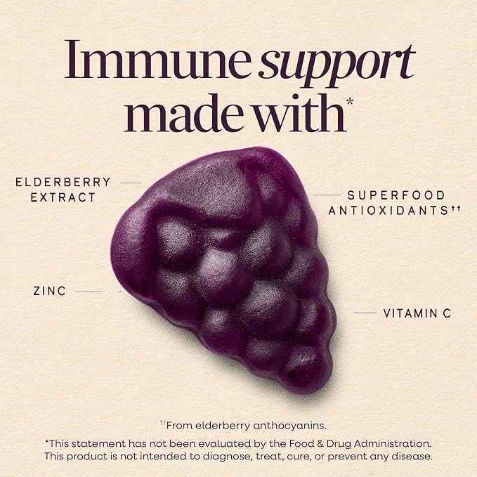 Nature's Way Sambucus Kids Elderberry Immune Gummies with Black Elderberry Extract, Daily Immune Support Gummy with Vitamin C and Zinc for Children Ages 2+*, 60 Gummies